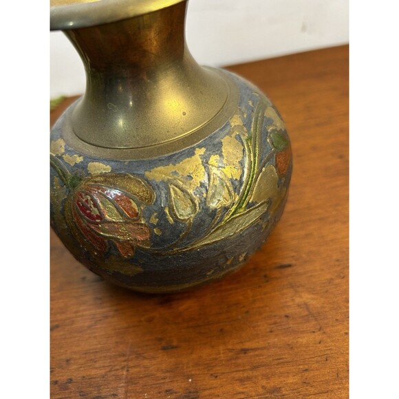 Vintage Brass & Enamel Painted Floral Bud Vase 5” Tall Chipped Paint READ - Picture 4 of 9